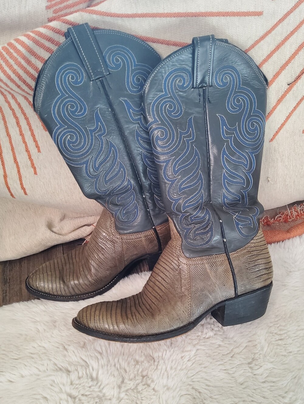 Vintage Men's Western Cowboy Boots - Brown & Blue Leather